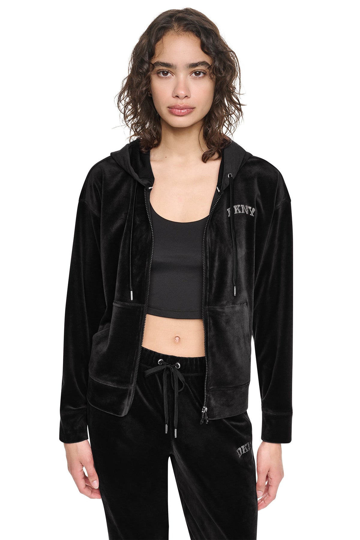 DKNY VARSITY VELOUR RHINESTONE LOGO FULL ZIP HOODIE