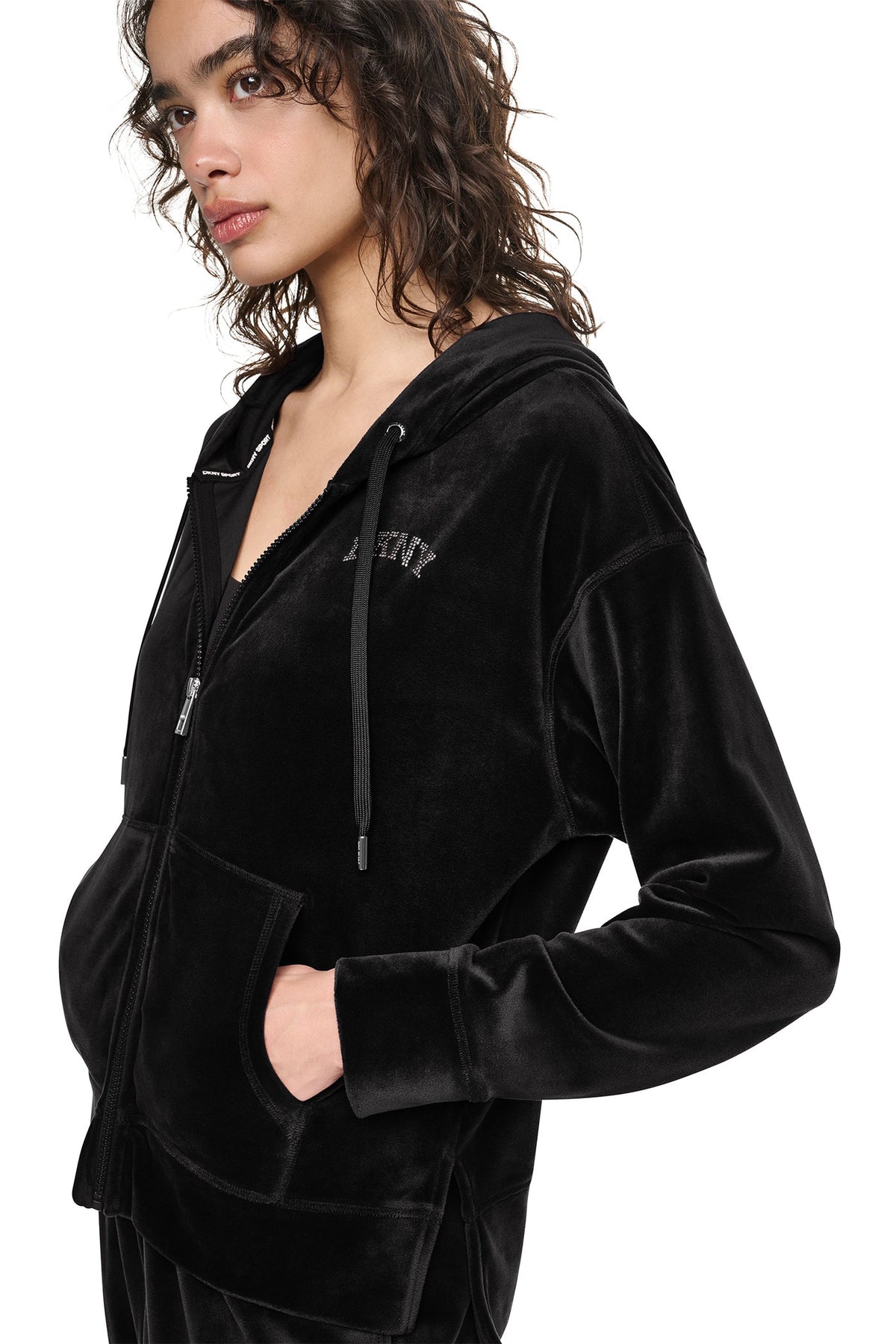 DKNY VARSITY VELOUR RHINESTONE LOGO FULL ZIP HOODIE