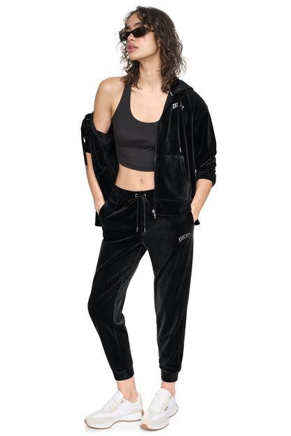 DKNY VARSITY VELOUR RHINESTONE LOGO MID-RISE JOGGER