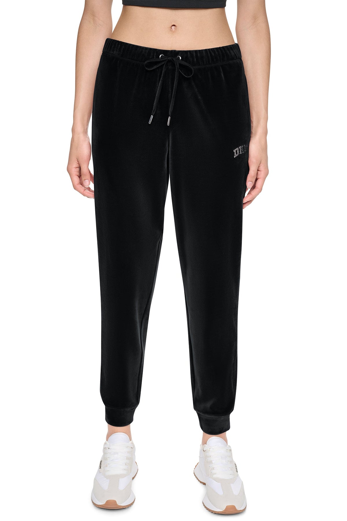 DKNY VARSITY VELOUR RHINESTONE LOGO MID-RISE JOGGER