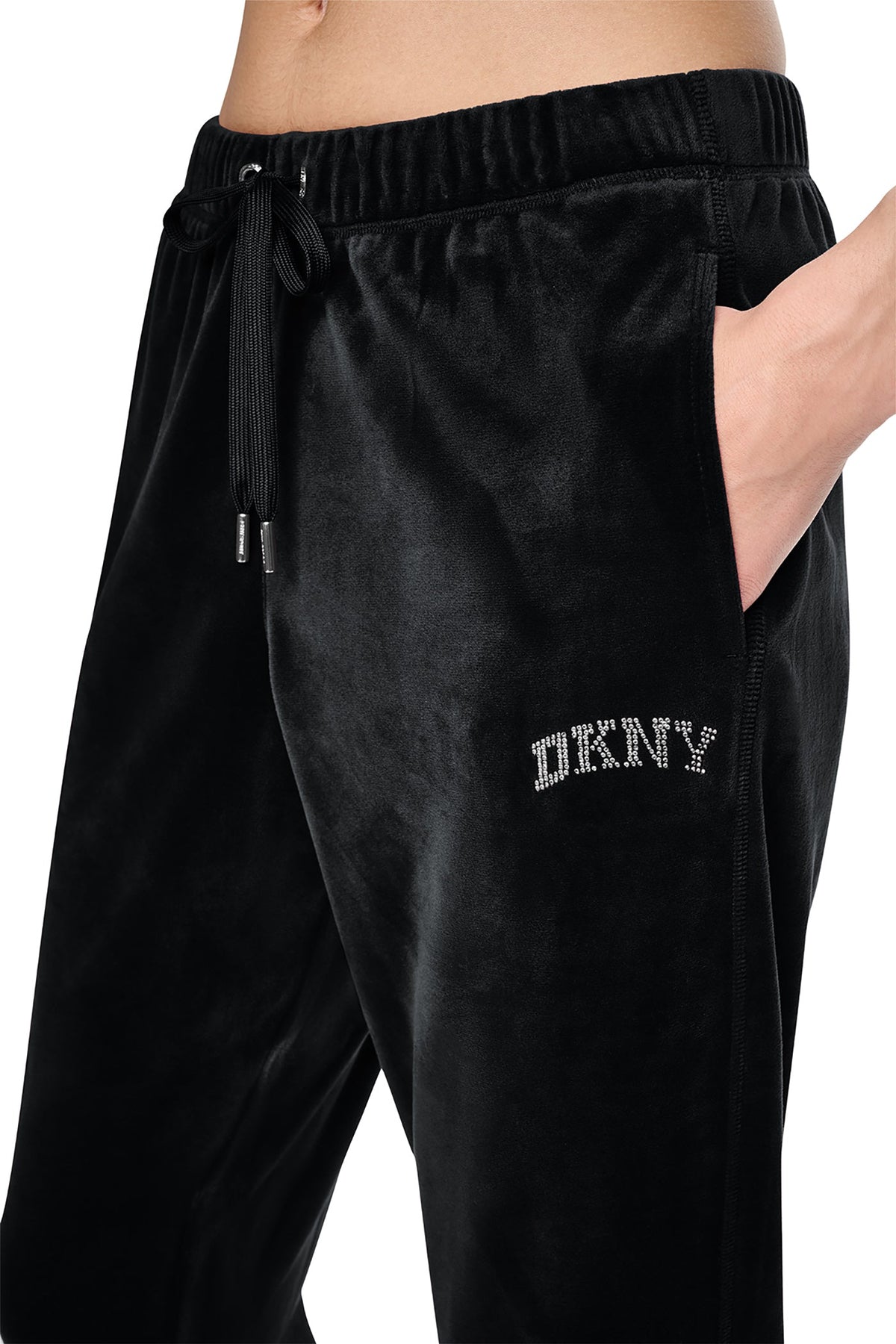 DKNY VARSITY VELOUR RHINESTONE LOGO MID-RISE JOGGER