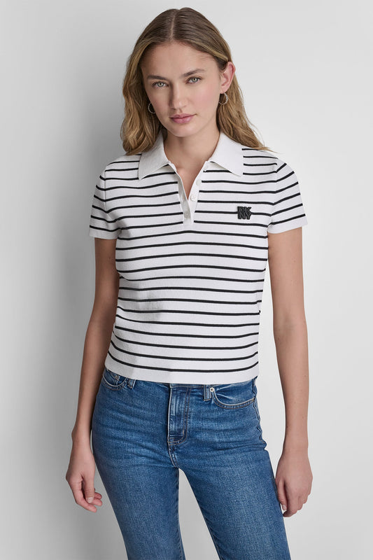 DKNY CROPPED STRIPED POLO SWEATER