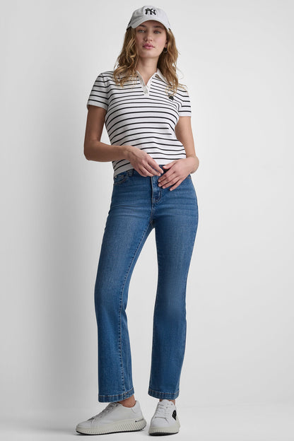 DKNY CROPPED STRIPED POLO SWEATER