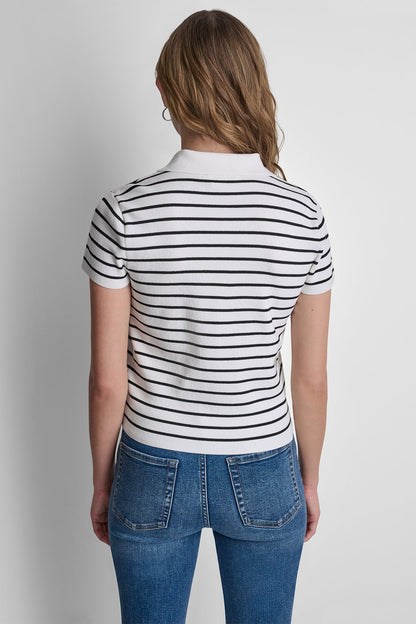 DKNY CROPPED STRIPED POLO SWEATER