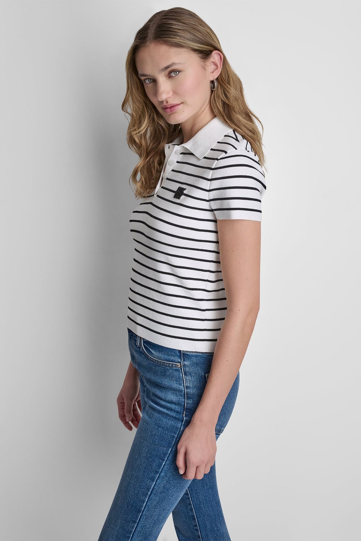 DKNY CROPPED STRIPED POLO SWEATER