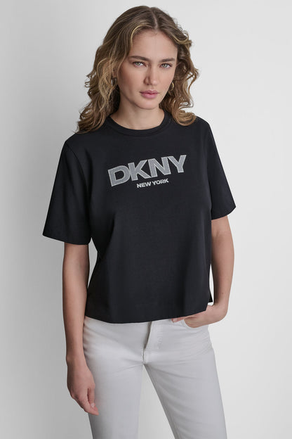 DKNY CRYSTAL BORDER LOGO GRAPHIC TEE