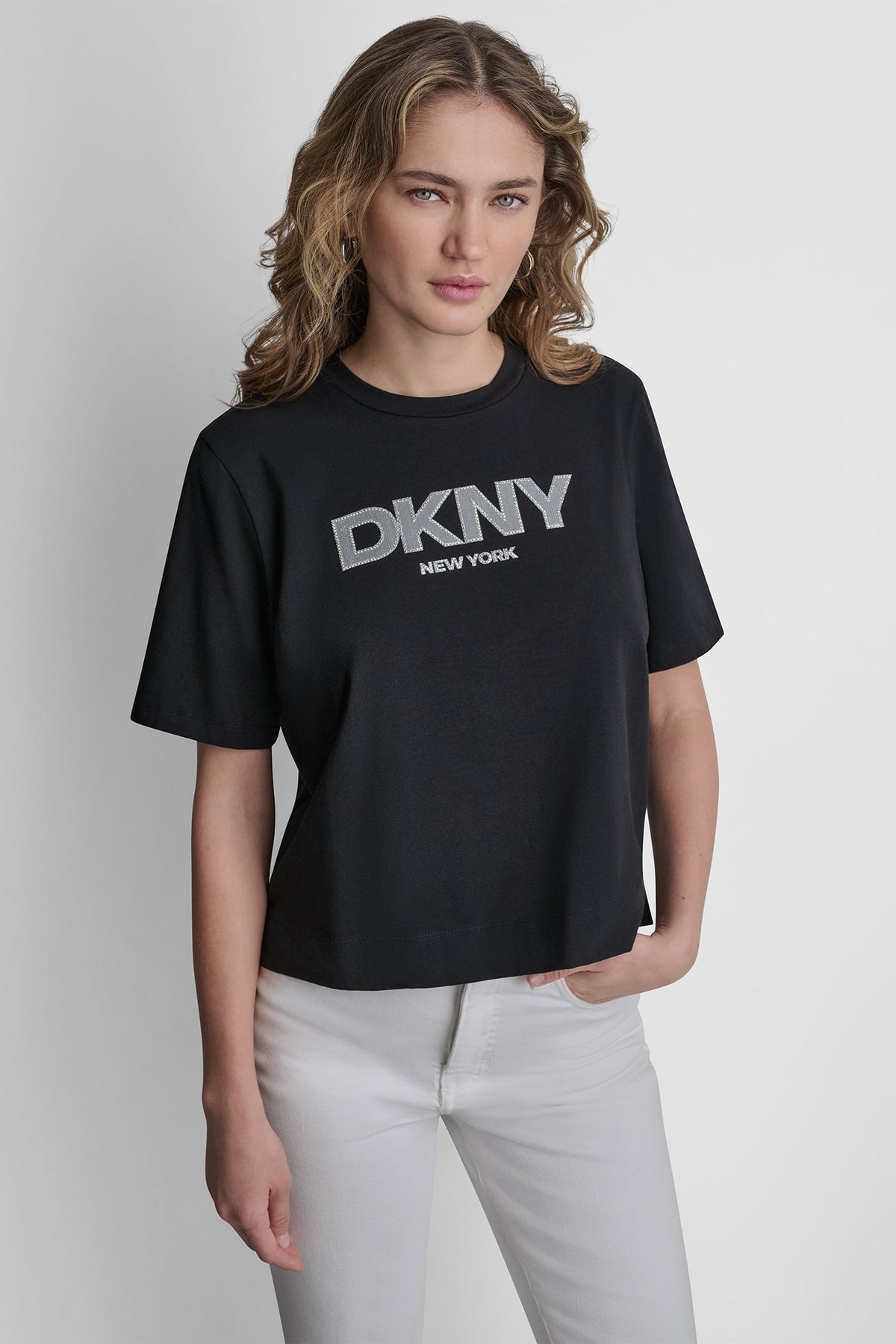 DKNY CRYSTAL BORDER LOGO GRAPHIC TEE