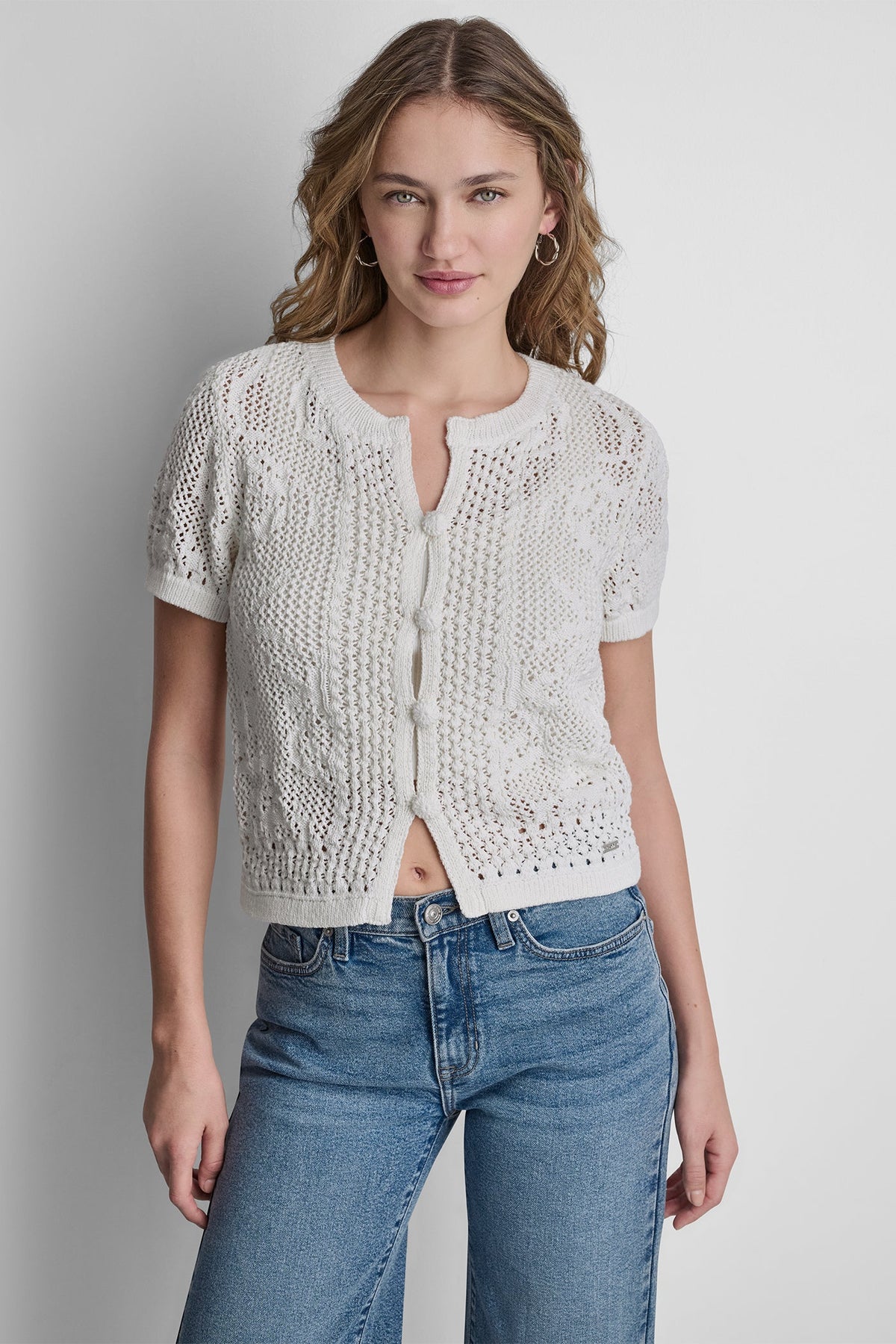 DKNY LACE STITCH BUTTON FRONT CARDIGAN