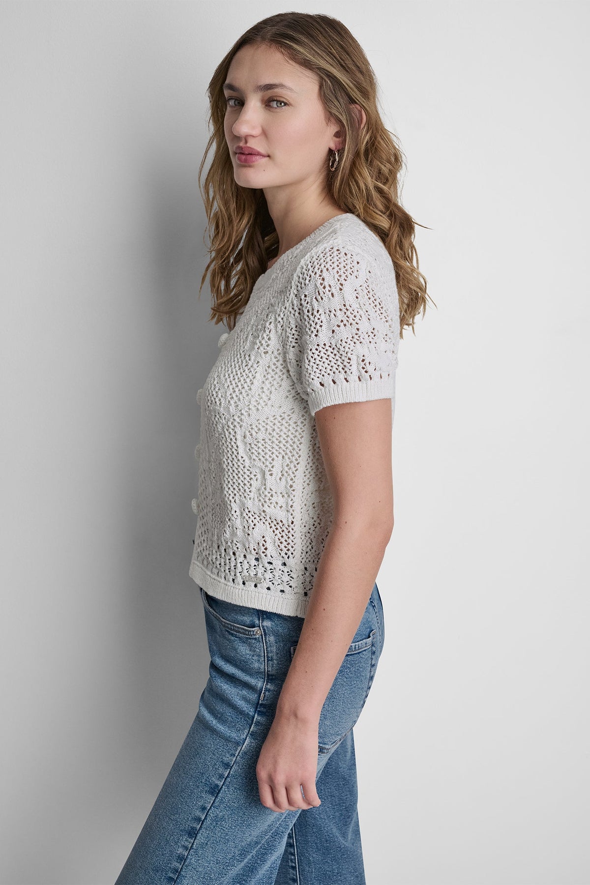 DKNY LACE STITCH BUTTON FRONT CARDIGAN