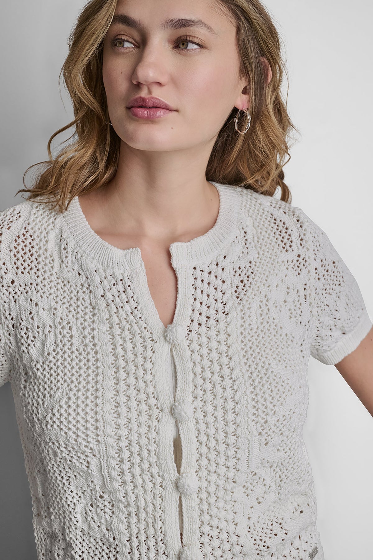 DKNY LACE STITCH BUTTON FRONT CARDIGAN