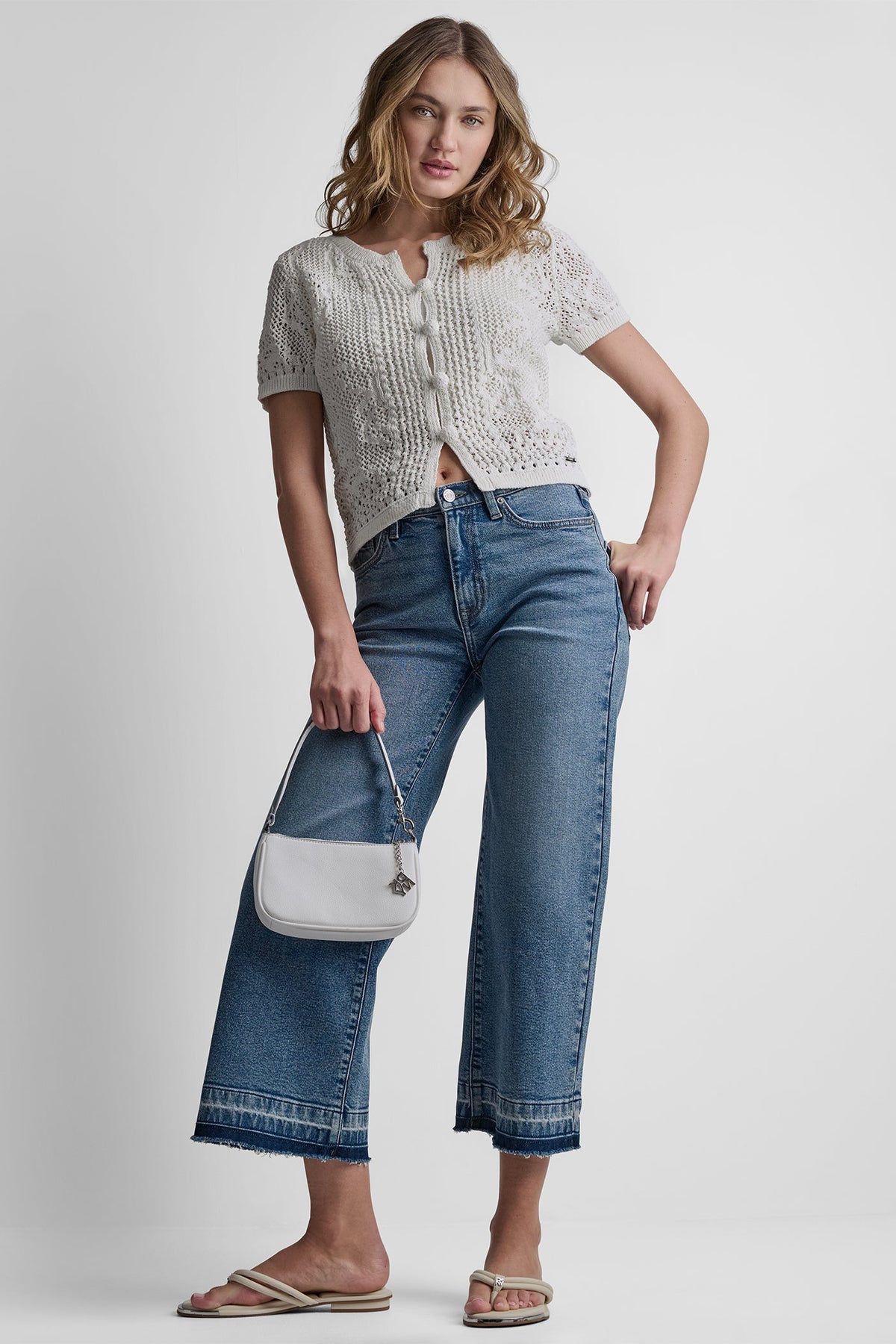 DKNY LACE STITCH BUTTON FRONT CARDIGAN