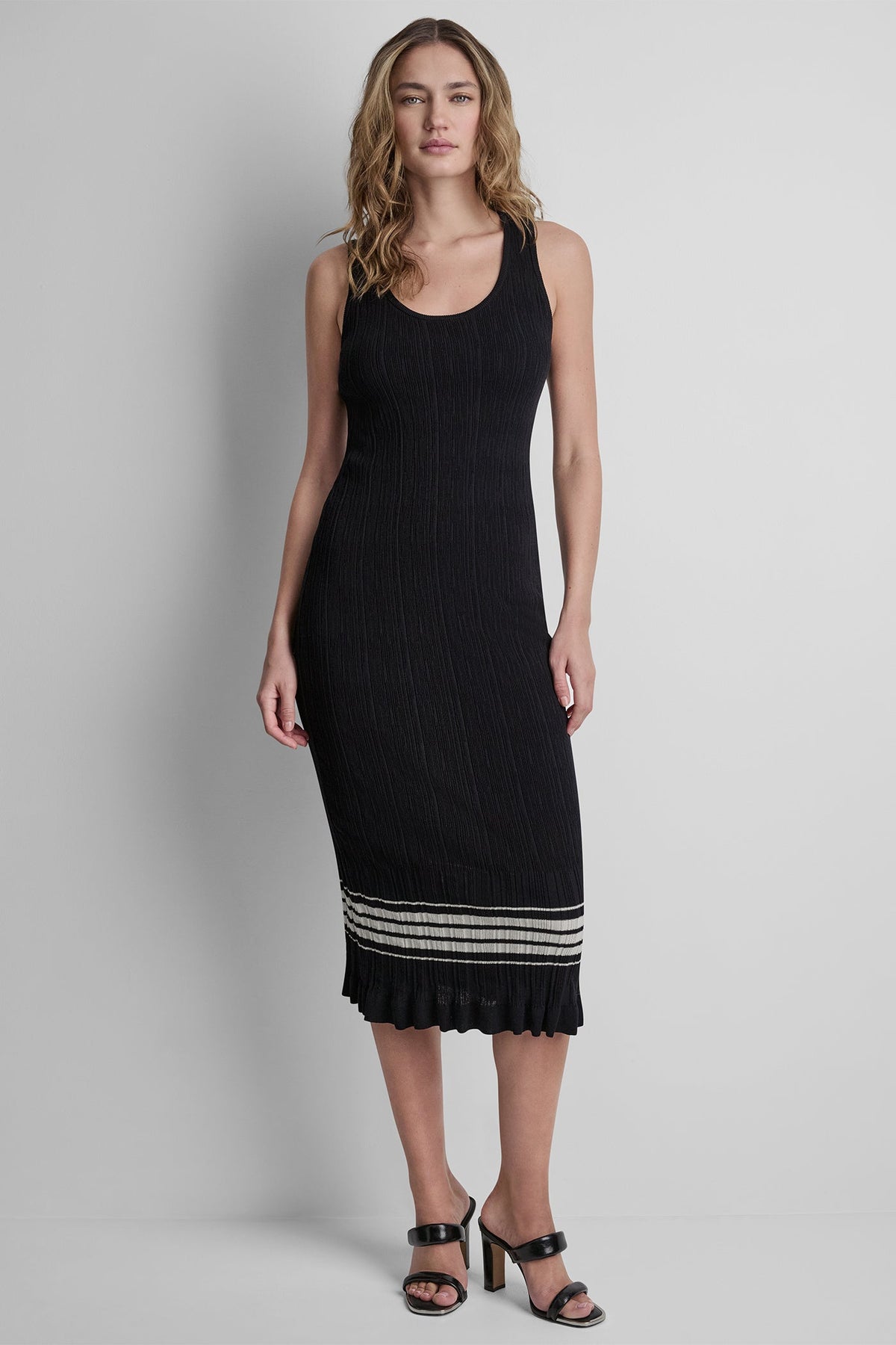 DKNY RIBBED COTTON-BLEND STRIPE MIDI SWEATER DRESS