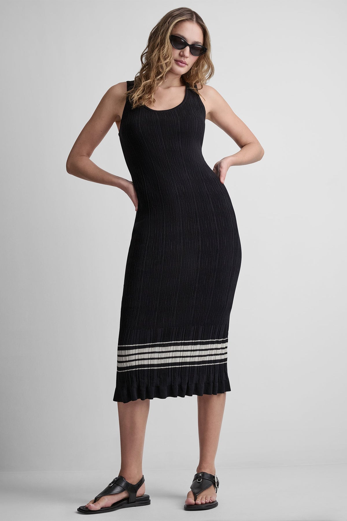 DKNY RIBBED COTTON-BLEND STRIPE MIDI SWEATER DRESS