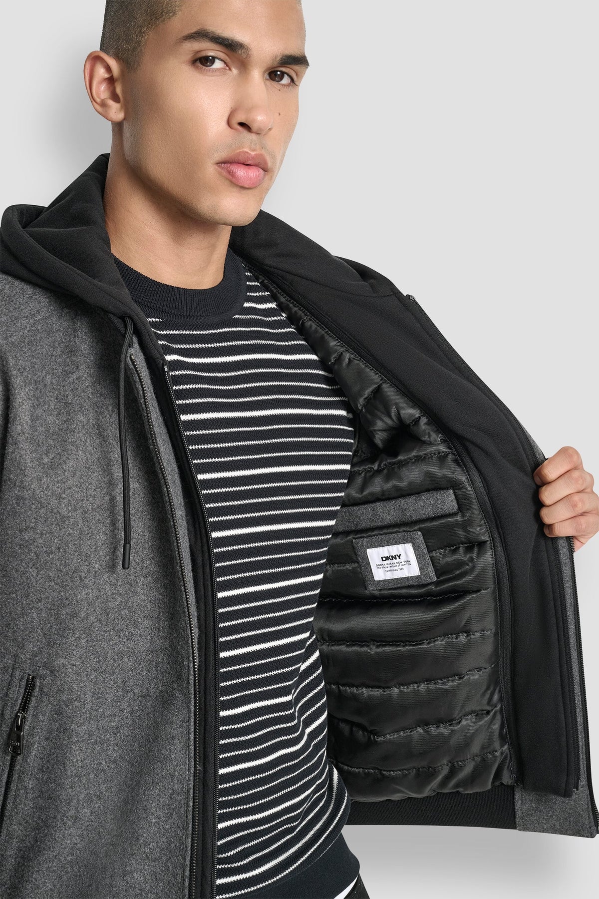 DKNY FAUX WOOL BOMBER WITH HOODED BIB