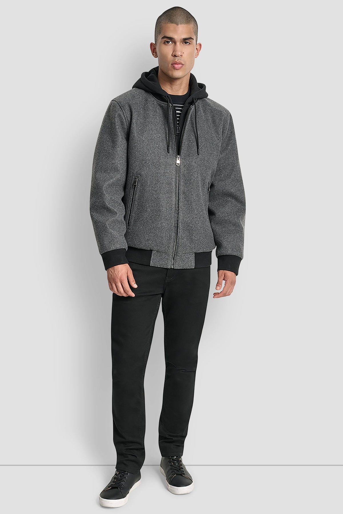 DKNY FAUX WOOL BOMBER WITH HOODED BIB