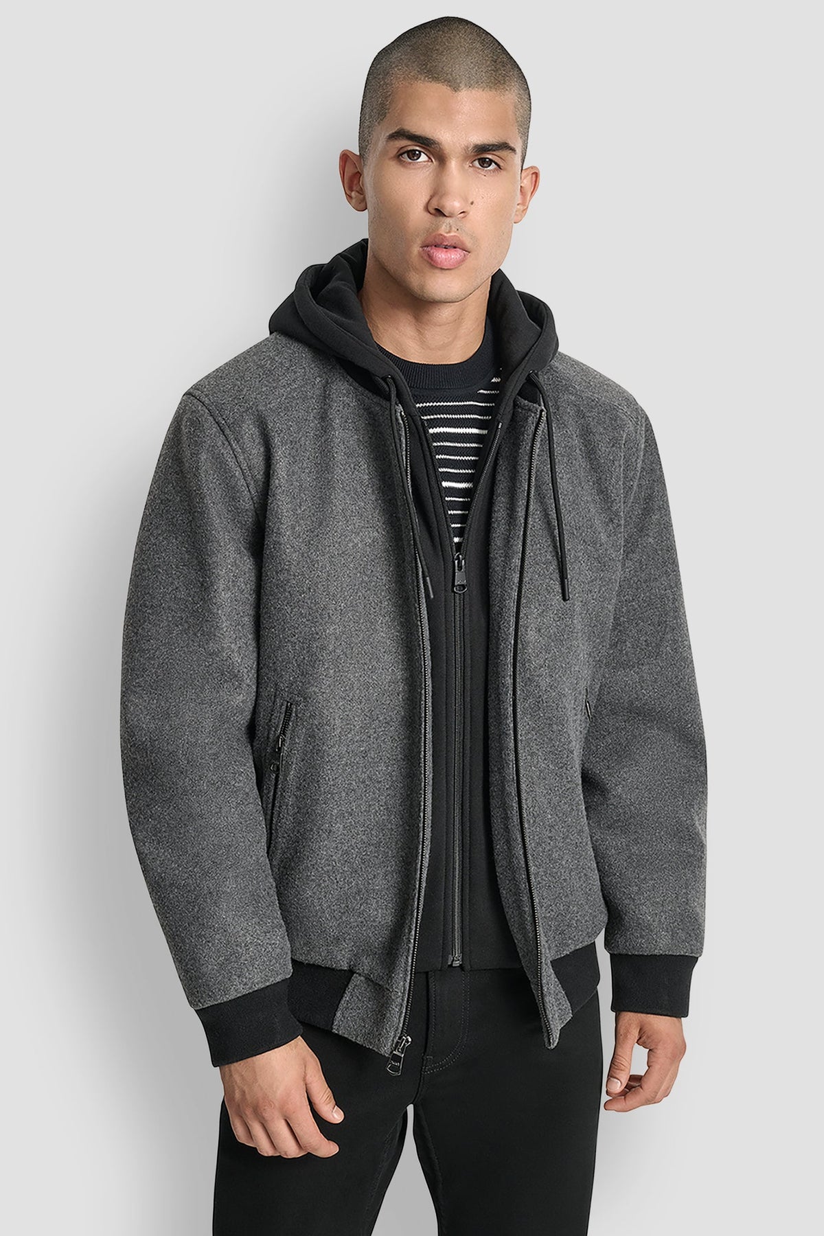 DKNY FAUX WOOL BOMBER WITH HOODED BIB
