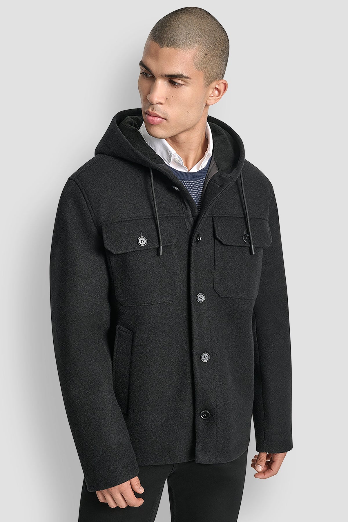 DKNY FAUX WOOL HOODED SHIRT JACKET