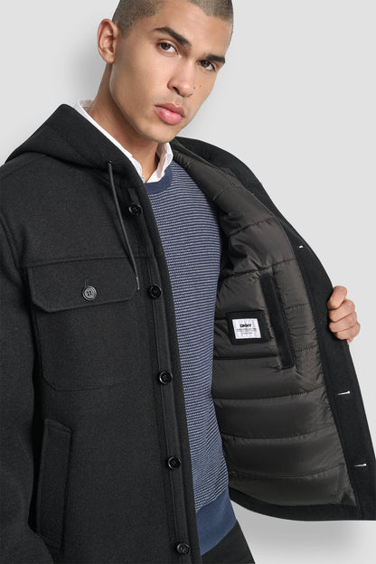 DKNY FAUX WOOL HOODED SHIRT JACKET