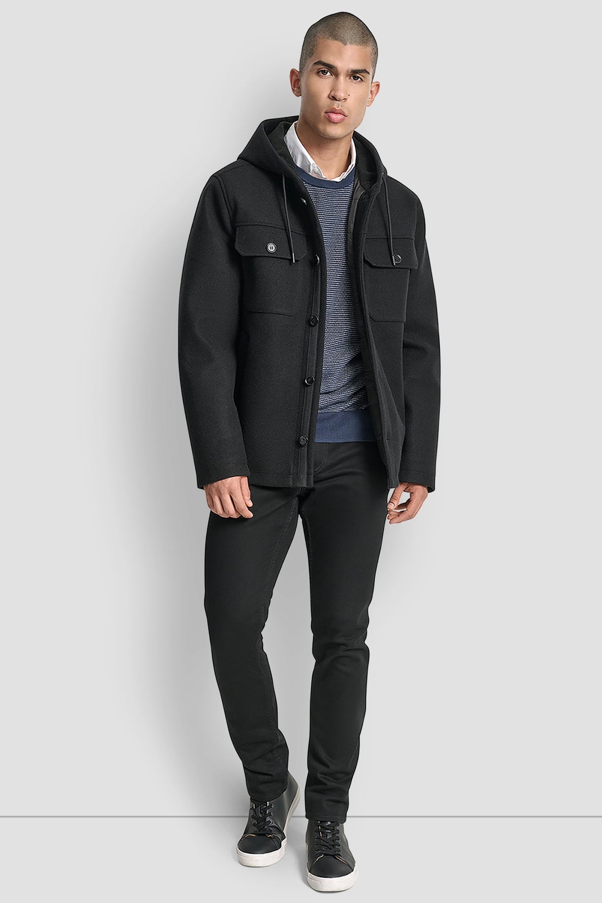 DKNY FAUX WOOL HOODED SHIRT JACKET