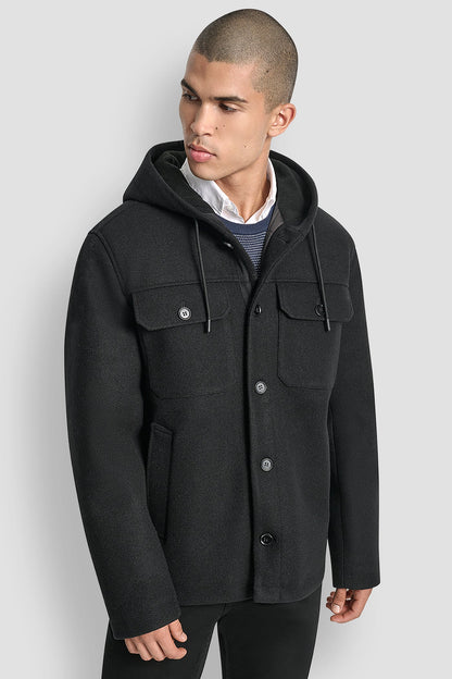 DKNY FAUX WOOL HOODED SHIRT JACKET