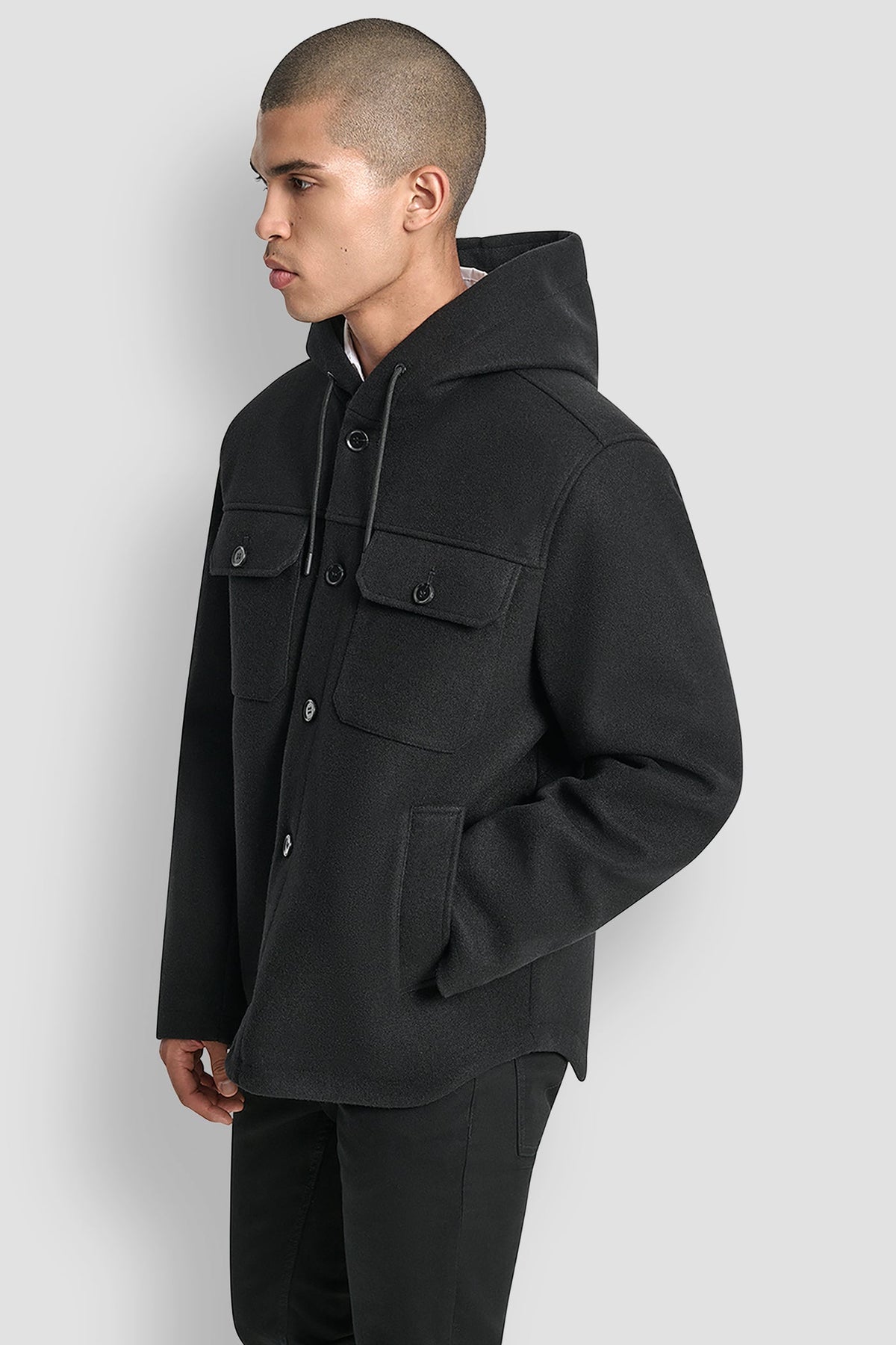 DKNY FAUX WOOL HOODED SHIRT JACKET