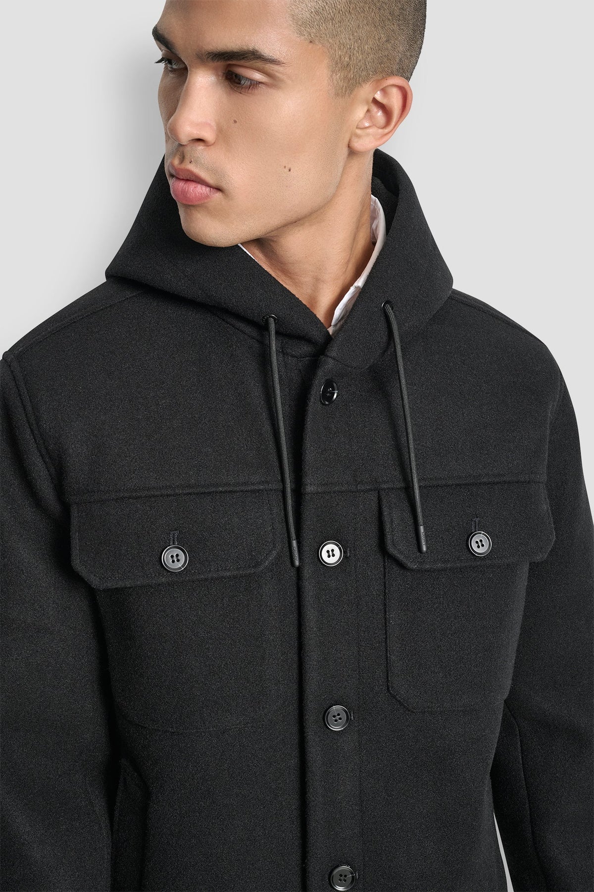 DKNY FAUX WOOL HOODED SHIRT JACKET
