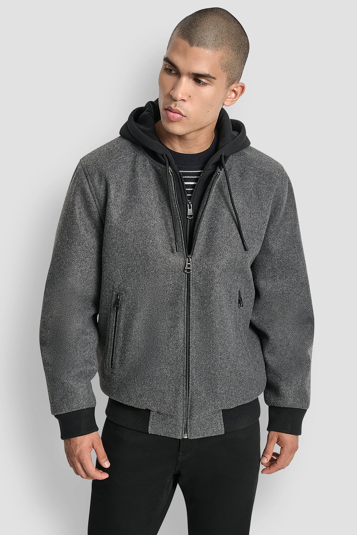 DKNY FAUX WOOL BOMBER WITH HOODED BIB