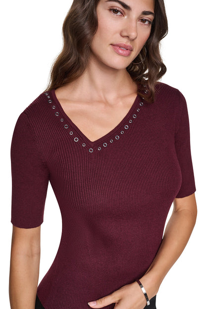 DKNY ASYMMETRIC NECK STUDDED SWEATER
