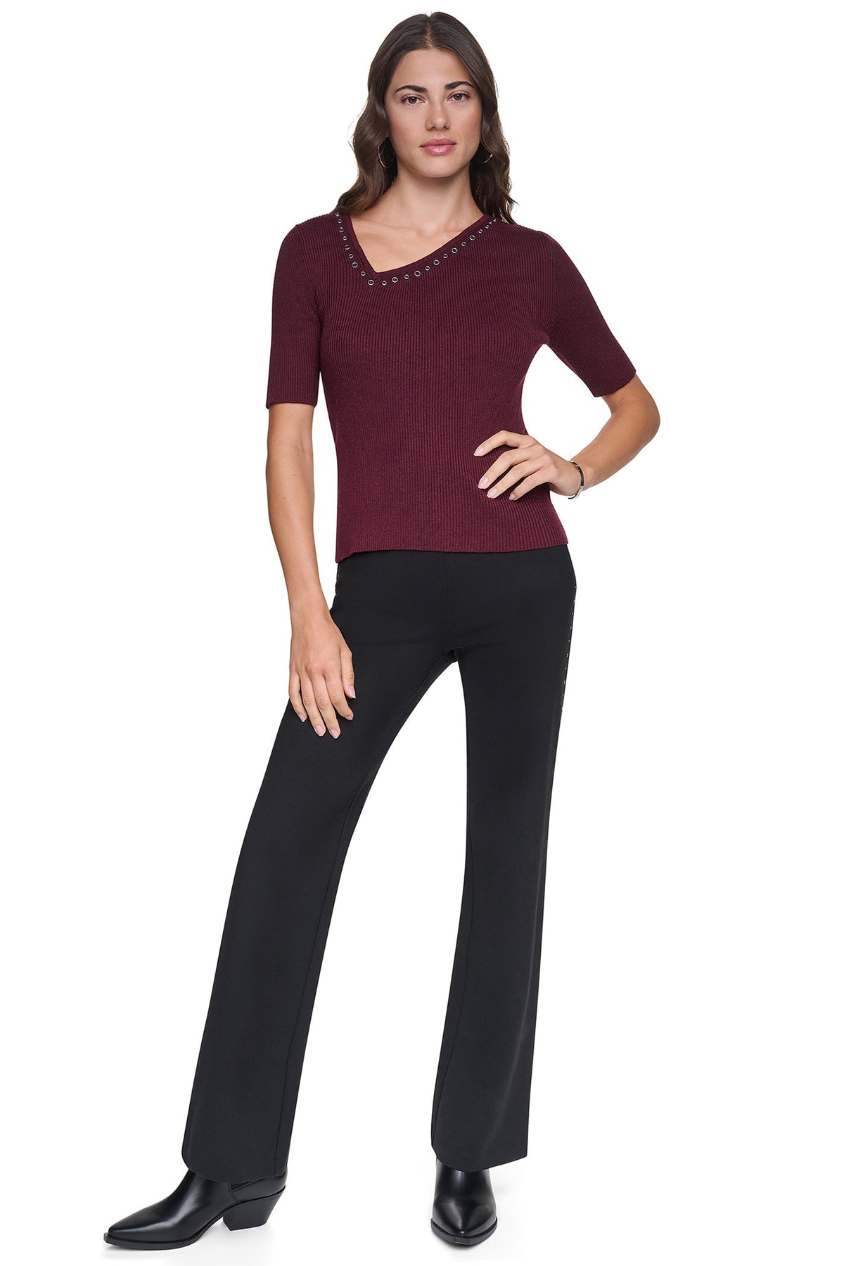 DKNY ASYMMETRIC NECK STUDDED SWEATER