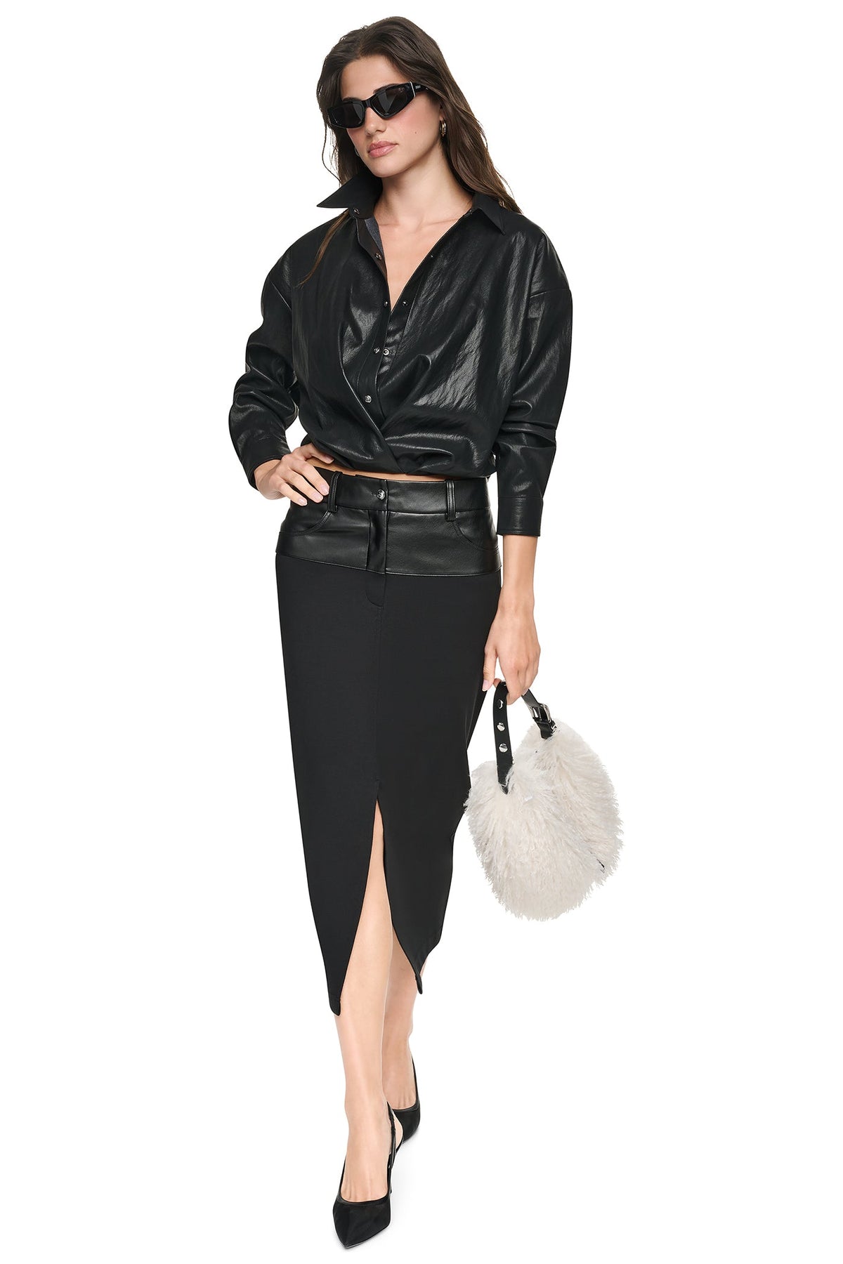DKNY MIXED MEDIA SPLIT FRONT MIDI SKIRT