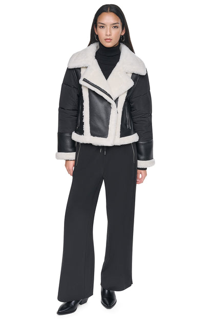 DKNY PUFF SLEEVE FAUX SHEARLING JACKET