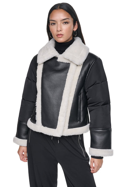 DKNY PUFF SLEEVE FAUX SHEARLING JACKET