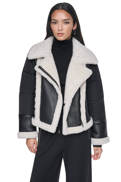 DKNY PUFF SLEEVE FAUX SHEARLING JACKET