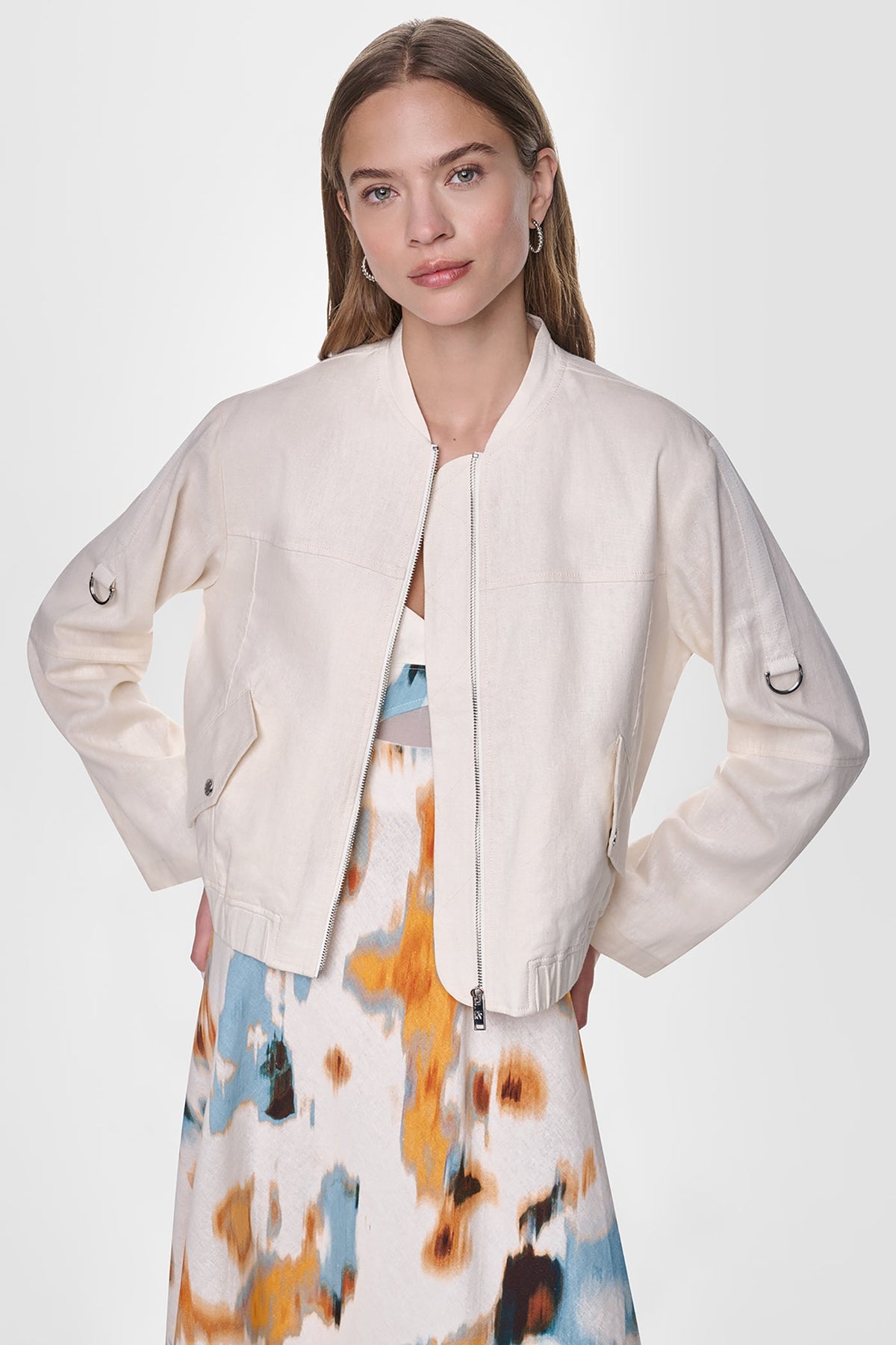 DKNY LINEN-BLEND ROLL-TAB SLEEVE BOMBER JACKET