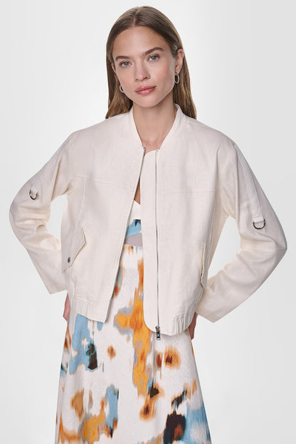 DKNY LINEN-BLEND ROLL-TAB SLEEVE BOMBER JACKET