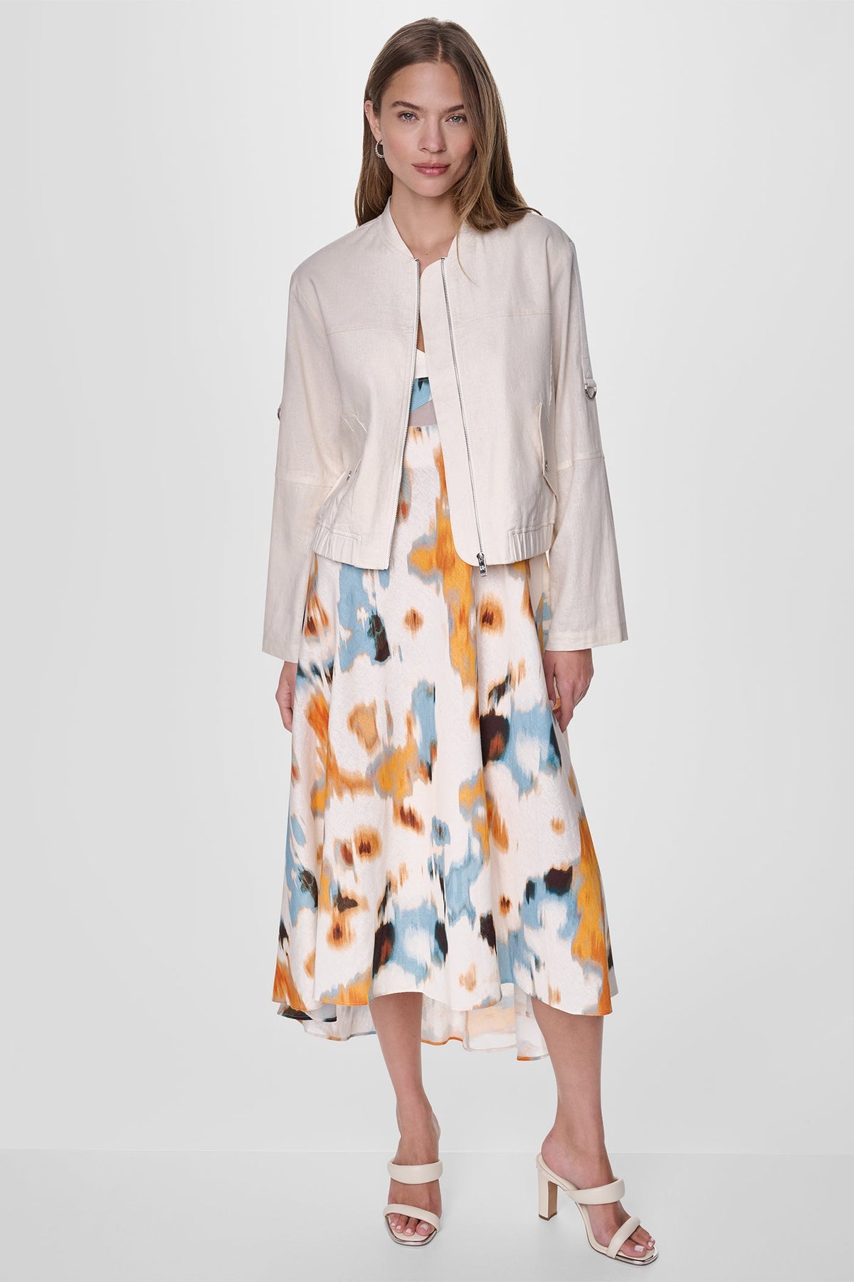 DKNY LINEN-BLEND ROLL-TAB SLEEVE BOMBER JACKET