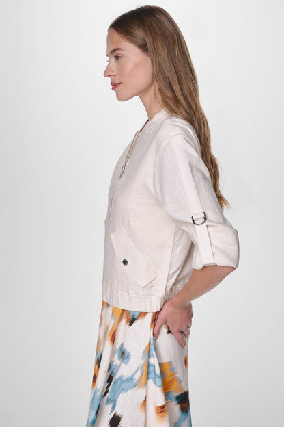 DKNY LINEN-BLEND ROLL-TAB SLEEVE BOMBER JACKET