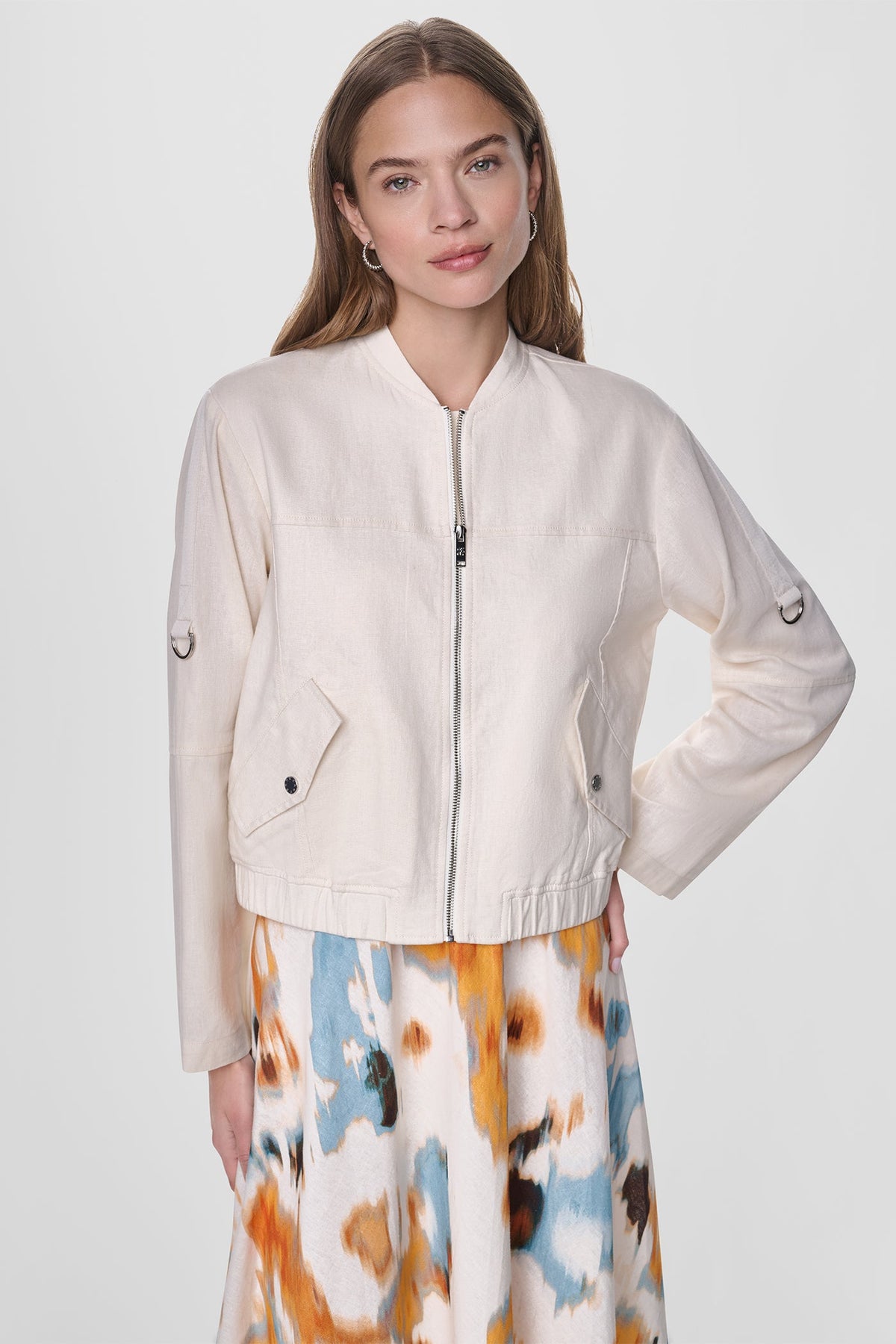 DKNY LINEN-BLEND ROLL-TAB SLEEVE BOMBER JACKET