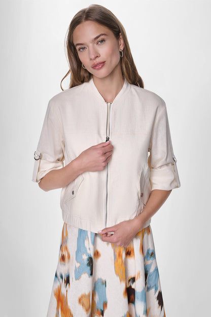 DKNY LINEN-BLEND ROLL-TAB SLEEVE BOMBER JACKET