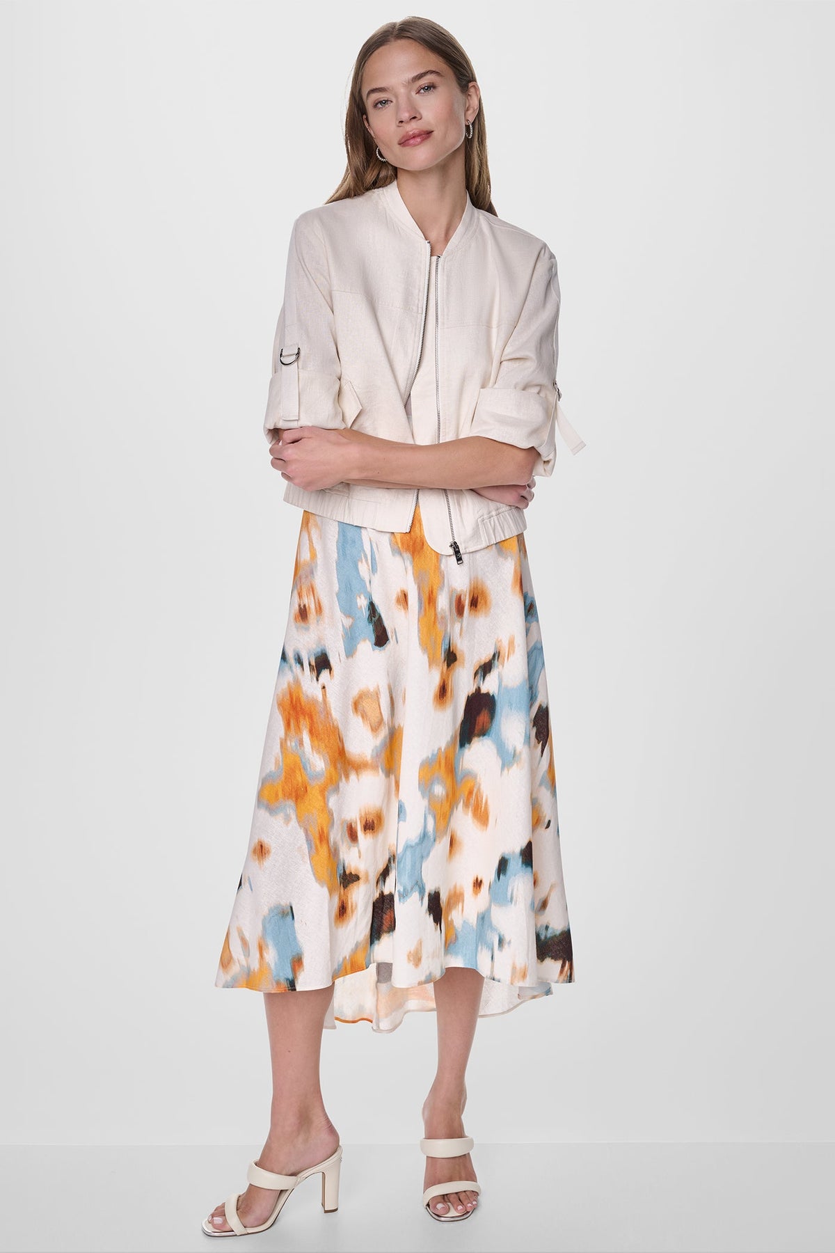 DKNY LINEN-BLEND ROLL-TAB SLEEVE BOMBER JACKET