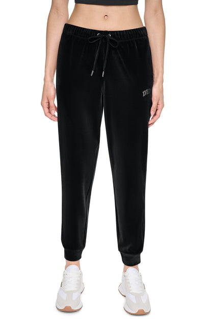 DKNY VARSITY VELOUR RHINESTONE LOGO MID-RISE JOGGER