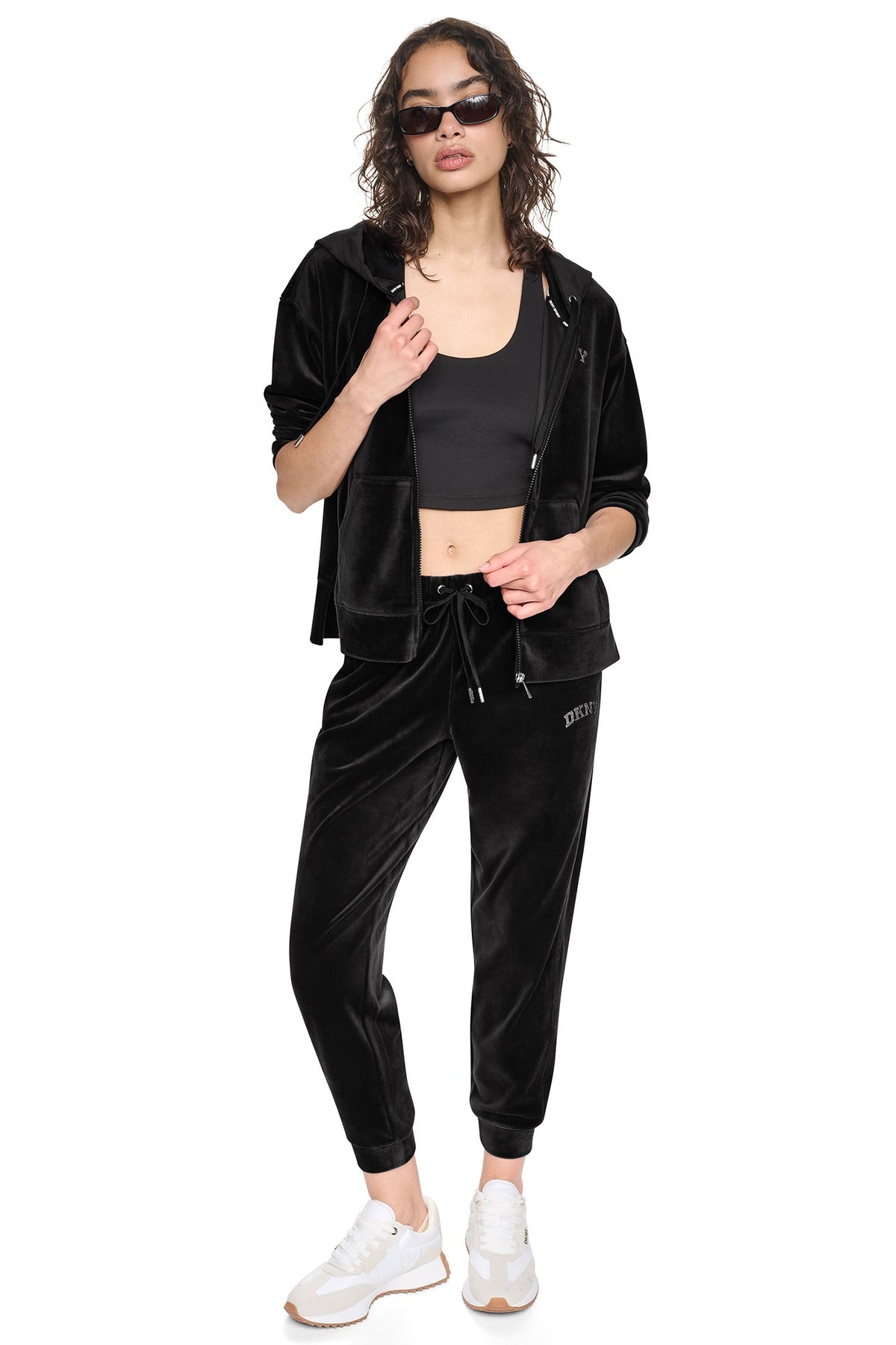 DKNY VARSITY VELOUR RHINESTONE LOGO FULL ZIP HOODIE