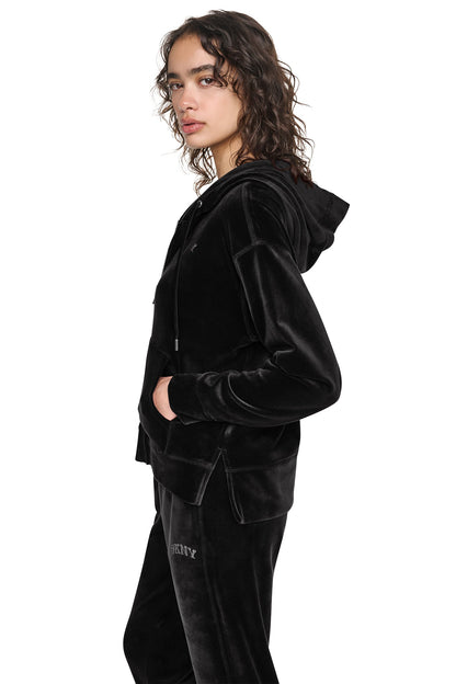 DKNY VARSITY VELOUR RHINESTONE LOGO FULL ZIP HOODIE