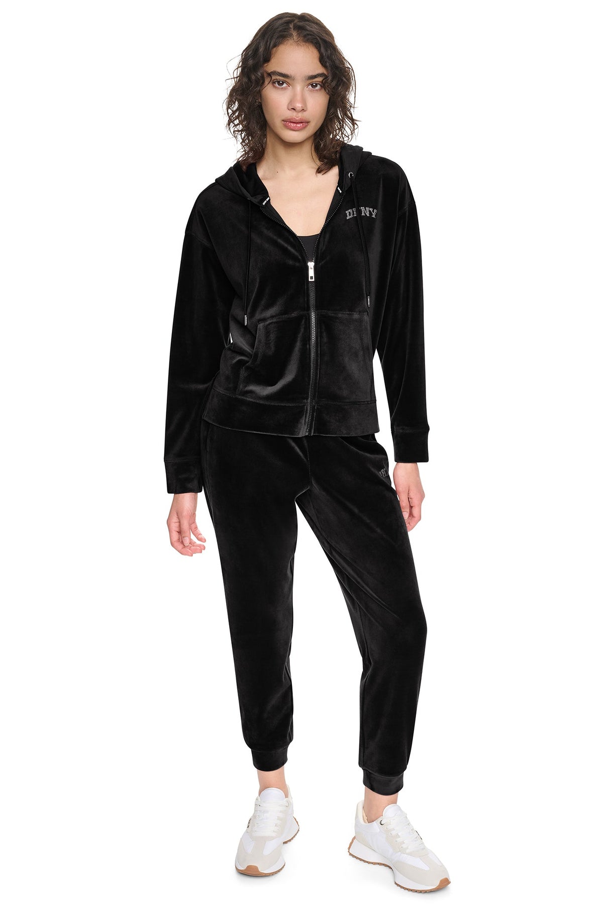 DKNY VARSITY VELOUR RHINESTONE LOGO FULL ZIP HOODIE