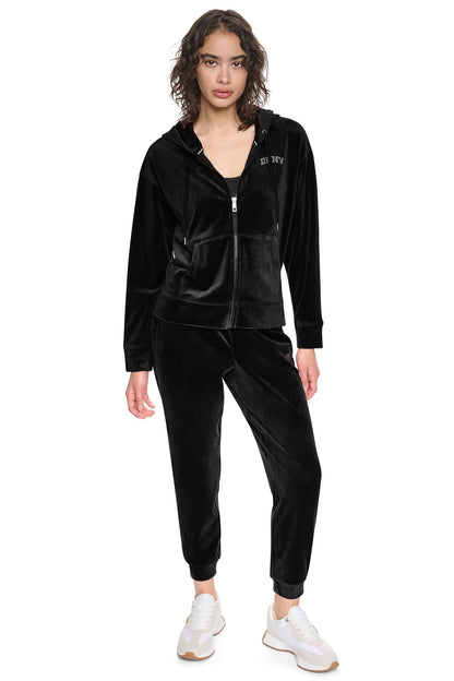 DKNY VARSITY VELOUR RHINESTONE LOGO FULL ZIP HOODIE