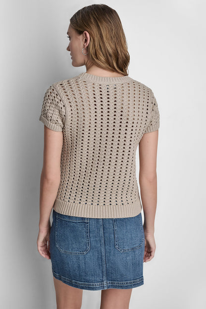 DKNY CHUNKY POINTELLE SHORT SLEEVE SWEATER