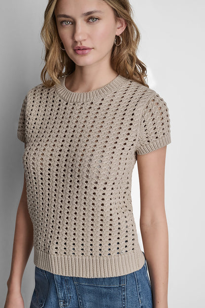 DKNY CHUNKY POINTELLE SHORT SLEEVE SWEATER