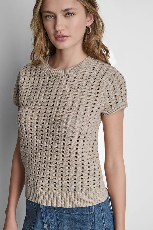DKNY CHUNKY POINTELLE SHORT SLEEVE SWEATER