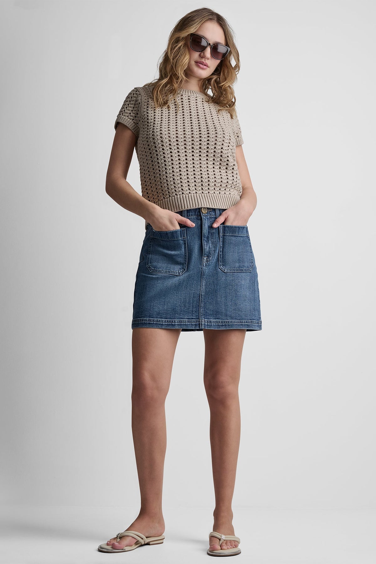 DKNY CHUNKY POINTELLE SHORT SLEEVE SWEATER