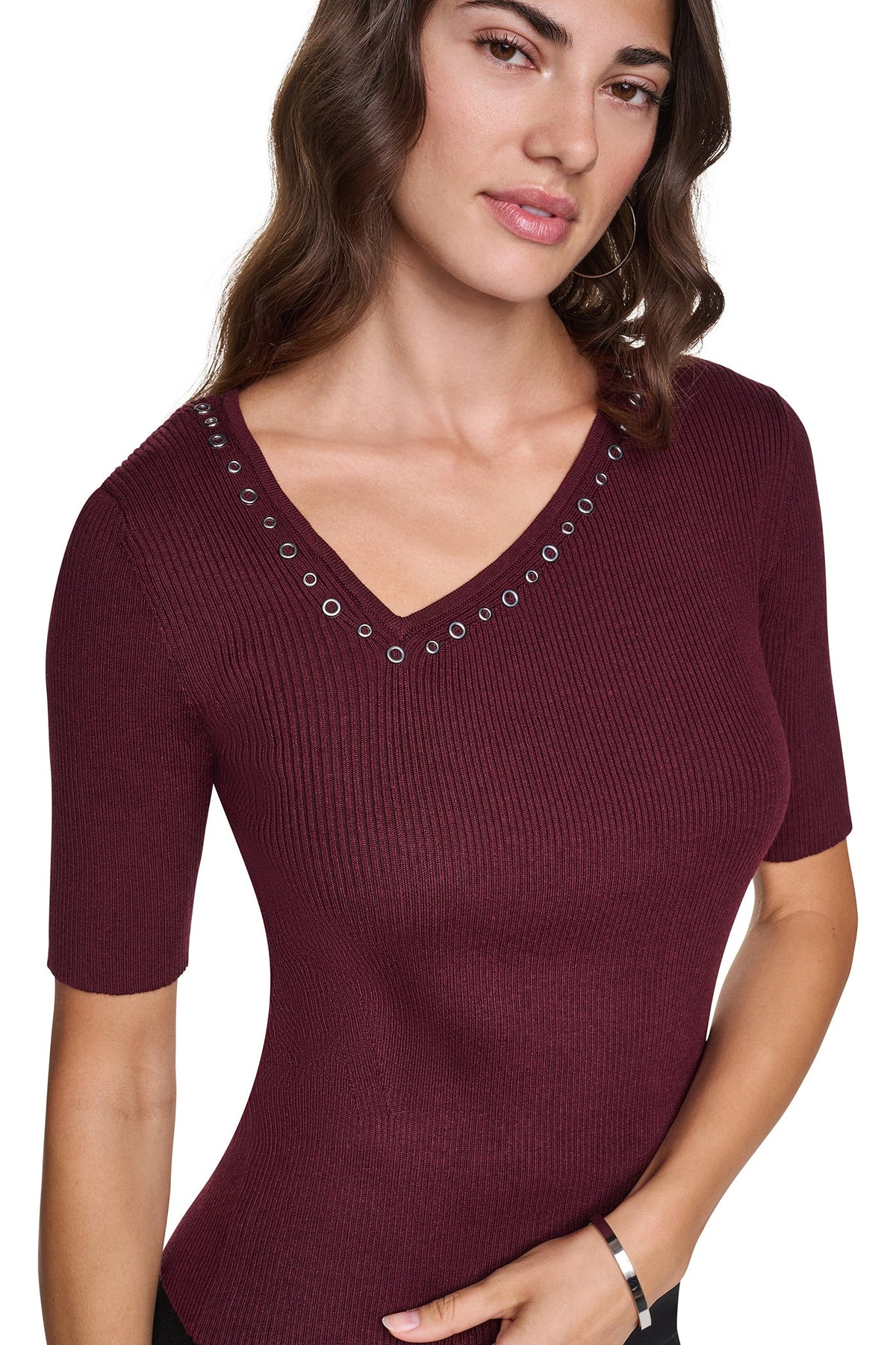 DKNY ASYMMETRIC NECK STUDDED SWEATER